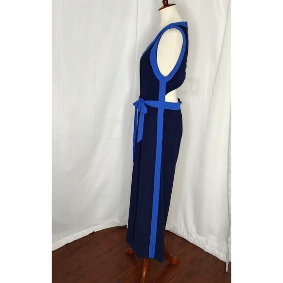 Anthropologie Elevenses Jumpsuit 10 Beca Blue Colorblock Wide Leg Copped Cut Out - Picture 7 of 15